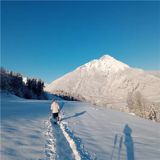 Eine schneebedeckte Landschaft mit einem Wanderer, der einen Pfad entlanggeht. Im Hintergrund erhebt sich ein hoher, schneebedeckter Berg unter einem klaren blauen Himmel.