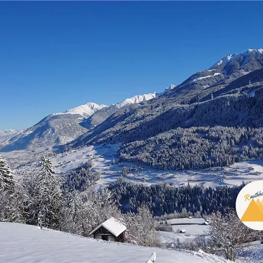 Eine malerische Winterlandschaft mit schneebedeckten Bergen und Bäumen. Der klare blaue Himmel ergänzt die ruhige, friedliche Atmosphäre.