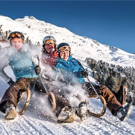 Three people slide down a snowy hill on a sled. In the background, snow-covered mountains and a clear blue sky can be seen.