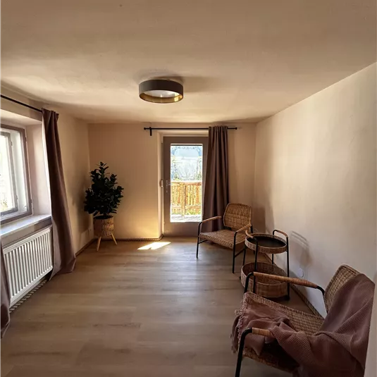 A bright room with a large window and two chairs. In the background, there is a plant and the floor is made of wood.