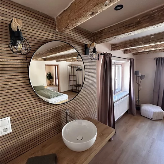 A modern room with wooden walls and a round wall mirror. The space has a bright, inviting look with a sink and a cozy bed.