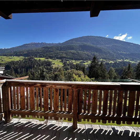 A view from a balcony of a picturesque mountain landscape. The sun is shining on the green meadows and the nearby forest.