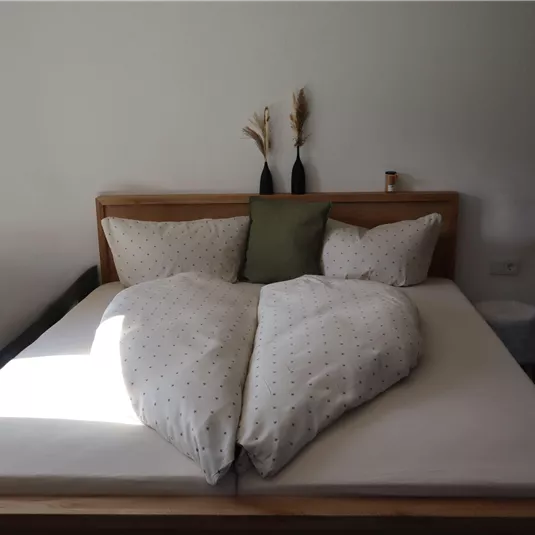 A cozy bed with a heart-shaped blanket and two pillows. In the background, decorative plants are on the nightstand.