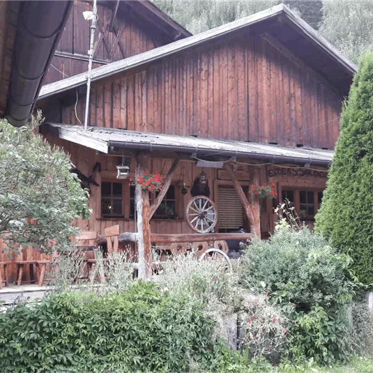 A traditional wooden house surrounded by green trees and shrubs. It has an inviting terrace with rustic furniture and flowers.