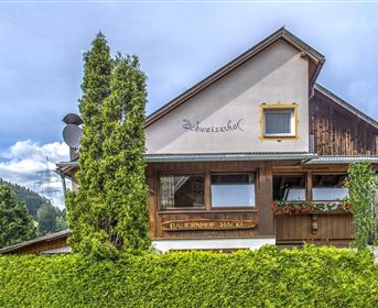 Ein gemütliches Haus mit Holzverkleidung in einer ländlichen Umgebung. Über dem Eingang steht der Name "Schweizerhof" und blühende Pflanzen sind zu sehen.