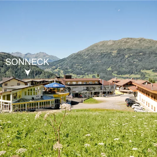 A picturesque mountainous landscape with several buildings, including the estate "Sonneck". The surroundings are green and the mountains are clearly visible in the background.