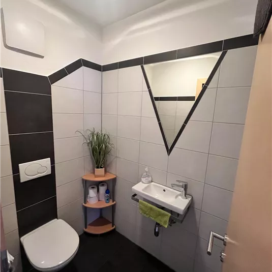 A modern bathroom with a sleek toilet and a sink. On the wall is a decorative mirror in the shape of an inverted V.