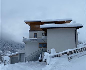A modern house in the snow with a snow-covered driveway. The sky is overcast and the surroundings are wintry.