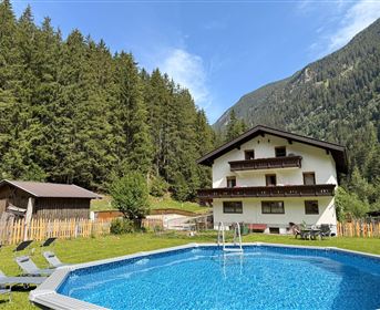 A cozy house in the mountains with a blue pool in the foreground.  
Surrounded by plenty of greenery and dense forest.