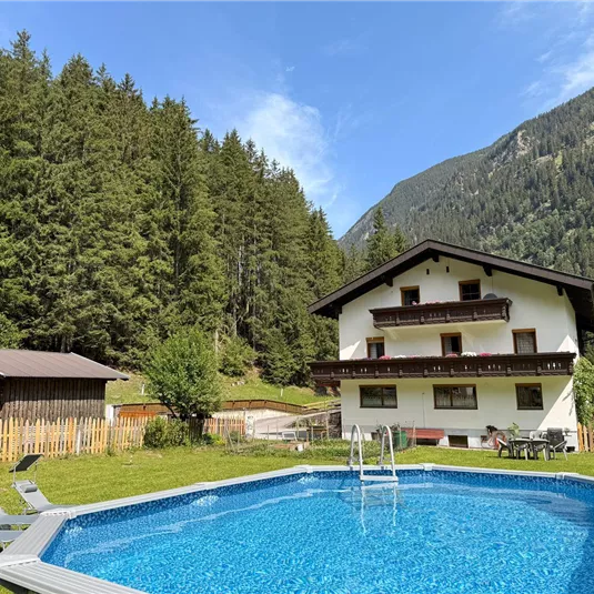 A cozy house in the mountains with a blue pool in the foreground.
Surrounded by plenty of greenery and dense forest.