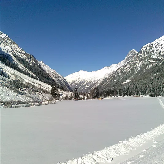 A snowy landscape with mountains in the background and a clear blue sky. The ground is covered with a thick layer of snow.