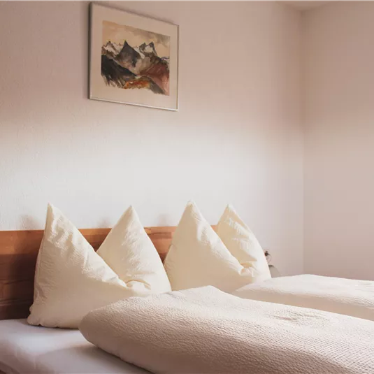 A bright bedroom with two beds and large, comfortable pillows. On the wall hangs a painting of mountains and there is a window with natural light.
